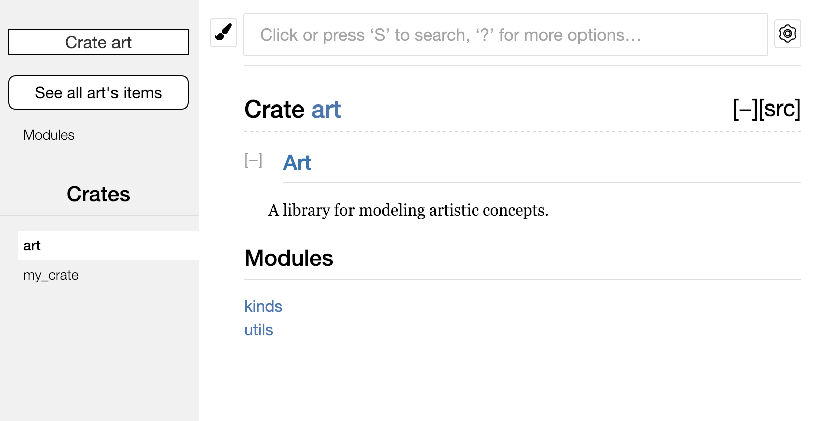 Rendered documentation for the <code>art</code> crate that lists the <code>kinds</code> and <code>utils</code> modules